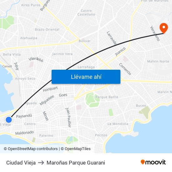 Ciudad Vieja to Maroñas Parque Guarani map