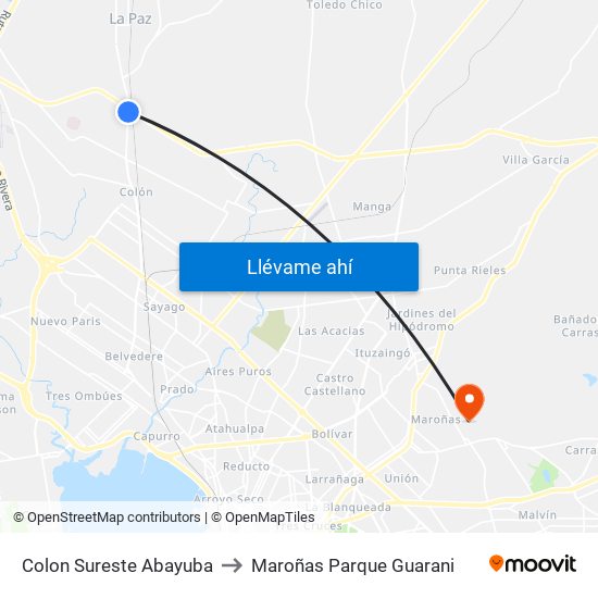 Colon Sureste Abayuba to Maroñas Parque Guarani map