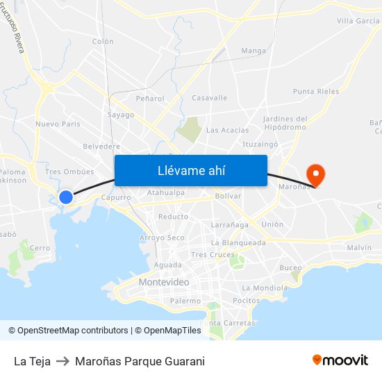 La Teja to Maroñas Parque Guarani map