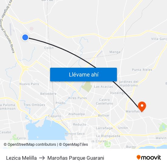 Lezica Melilla to Maroñas Parque Guarani map