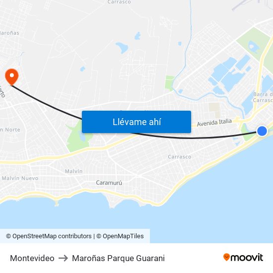 Montevideo to Maroñas Parque Guarani map