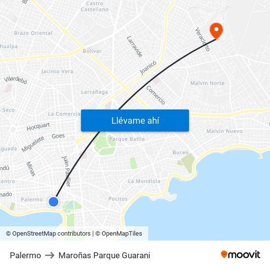 Palermo to Maroñas Parque Guarani map