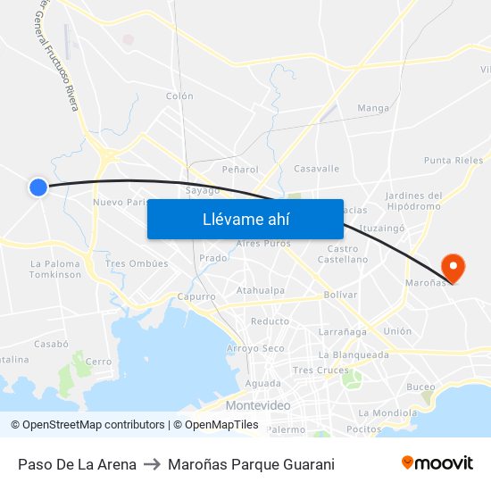 Paso De La Arena to Maroñas Parque Guarani map