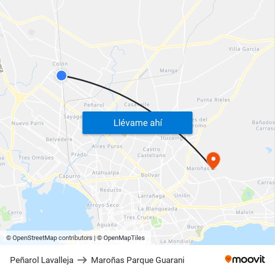 Peñarol Lavalleja to Maroñas Parque Guarani map