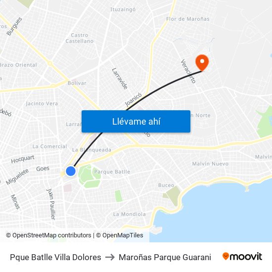 Pque Batlle Villa Dolores to Maroñas Parque Guarani map