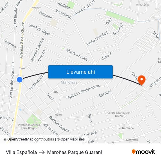 Villa Española to Maroñas Parque Guarani map