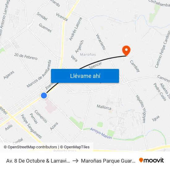 Av. 8 De Octubre & Larravide to Maroñas Parque Guarani map