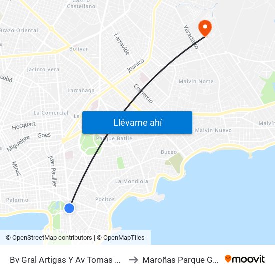 Bv Gral Artigas Y Av Tomas Giribaldi to Maroñas Parque Guarani map