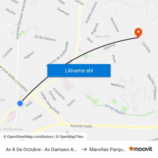 Av 8 De Octubre - Av Damaso Antonio Larrañaga to Maroñas Parque Guarani map