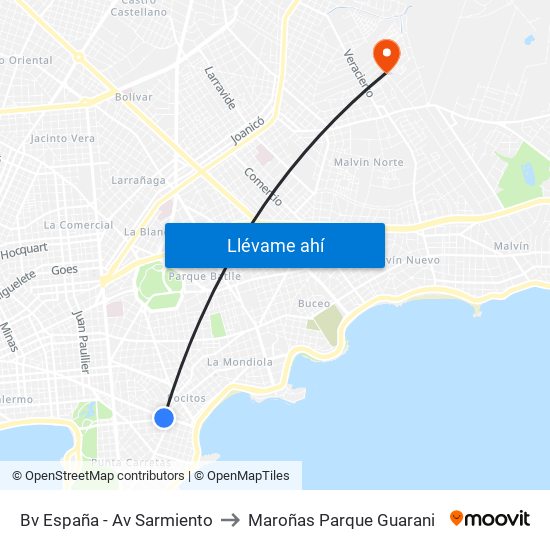 Bv España - Av Sarmiento to Maroñas Parque Guarani map