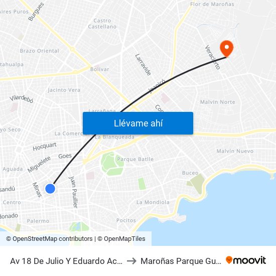 Av 18 De Julio Y Eduardo Acevedo to Maroñas Parque Guarani map