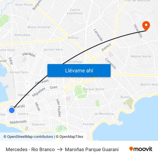 Mercedes - Rio Branco to Maroñas Parque Guarani map