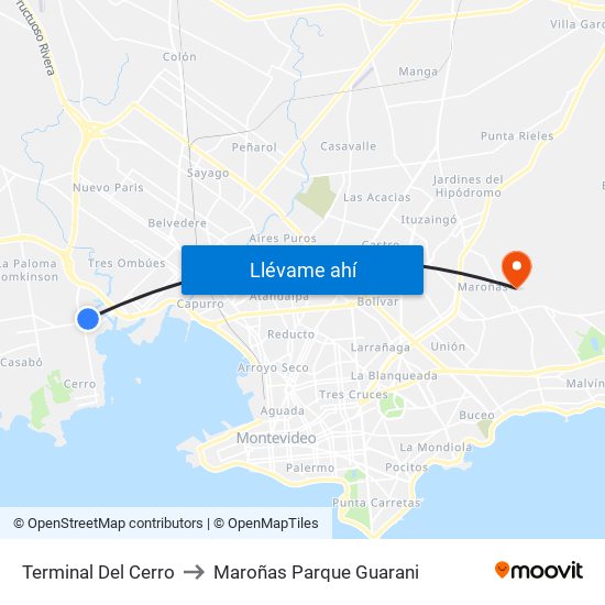 Terminal Del Cerro to Maroñas Parque Guarani map