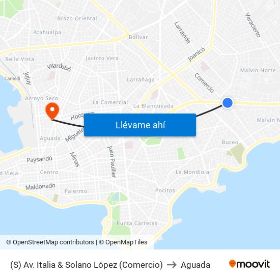 (S) Av. Italia & Solano López (Comercio) to Aguada map