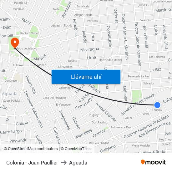 Colonia - Juan Paullier to Aguada map