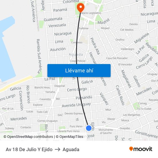 Av 18 De Julio Y Ejido to Aguada map