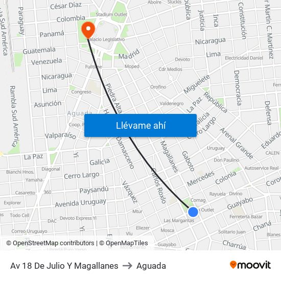 Av 18 De Julio Y Magallanes to Aguada map