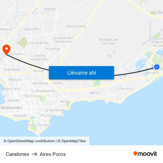 Canelones to Aires Puros map