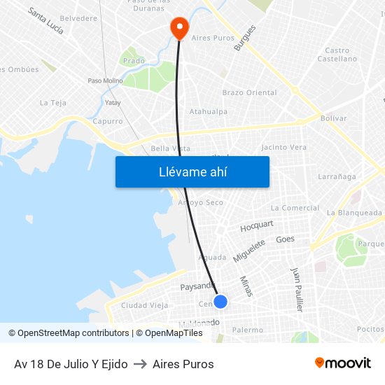 Av 18 De Julio Y Ejido to Aires Puros map