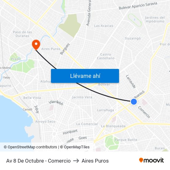 Av 8 De Octubre - Comercio to Aires Puros map