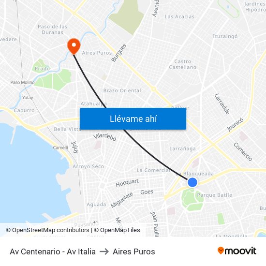 Av Centenario - Av Italia to Aires Puros map