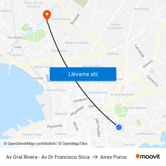 Av Gral Rivera - Av Dr Francisco Soca to Aires Puros map