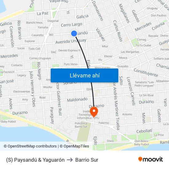 (S) Paysandú & Yaguarón to Barrio Sur map