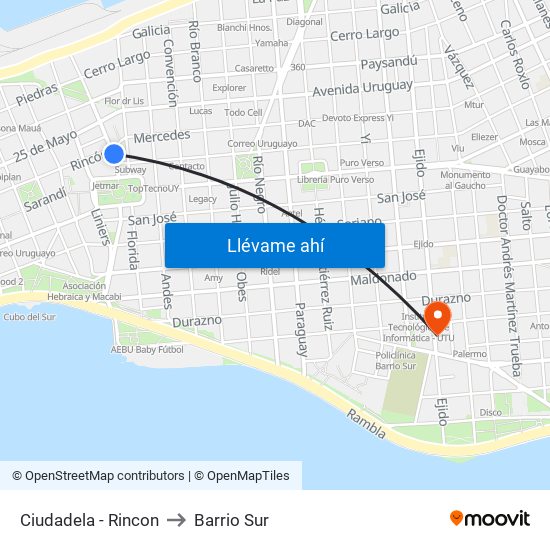 Ciudadela - Rincon to Barrio Sur map