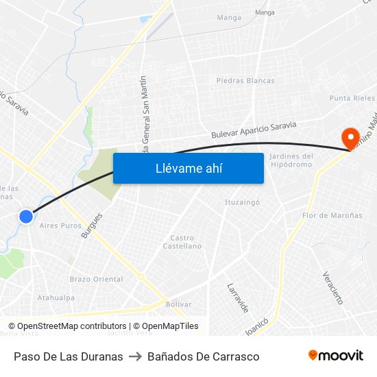 Paso De Las Duranas to Bañados De Carrasco map