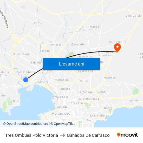 Tres Ombues Pblo Victoria to Bañados De Carrasco map