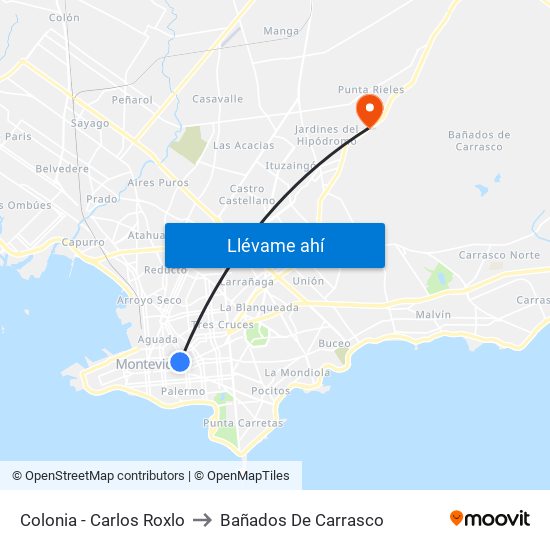 Colonia - Carlos Roxlo to Bañados De Carrasco map