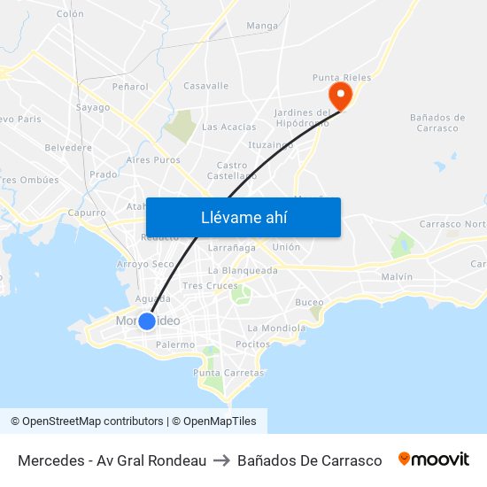 Mercedes - Av Gral Rondeau to Bañados De Carrasco map