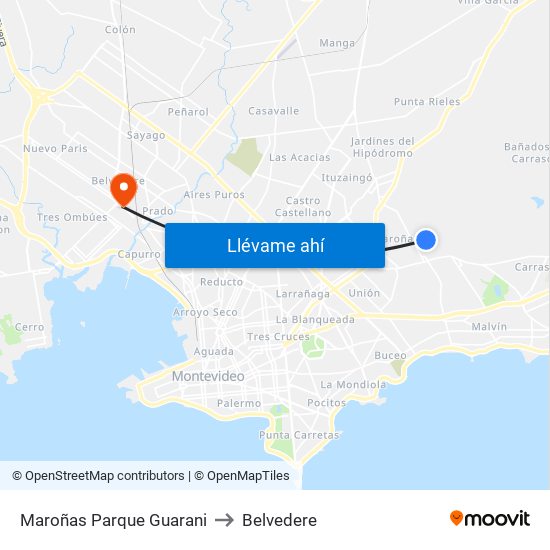 Maroñas Parque Guarani to Belvedere map