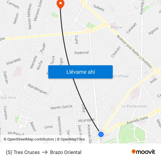 (S) Tres Cruces to Brazo Oriental map