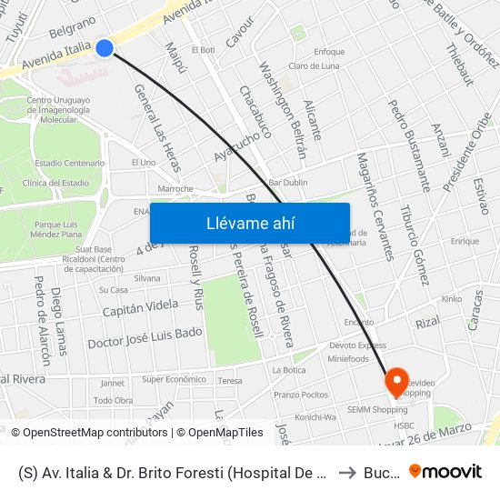 (S) Av. Italia & Dr. Brito Foresti (Hospital De Clinicas) to Buceo map