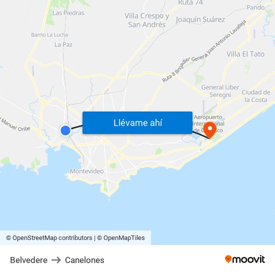 Belvedere to Canelones map