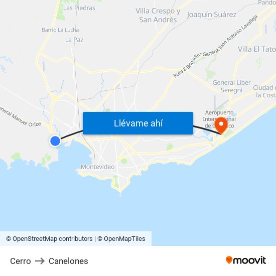 Cerro to Canelones map