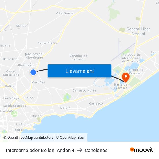 Intercambiador Belloni Andén 4 to Canelones map