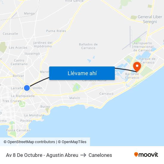Av 8 De Octubre - Agustin Abreu to Canelones map