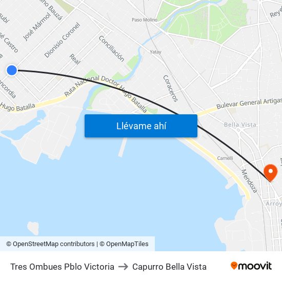 Tres Ombues Pblo Victoria to Capurro Bella Vista map