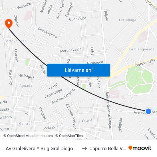 Av Gral Rivera Y Brig Gral Diego Lamas to Capurro Bella Vista map