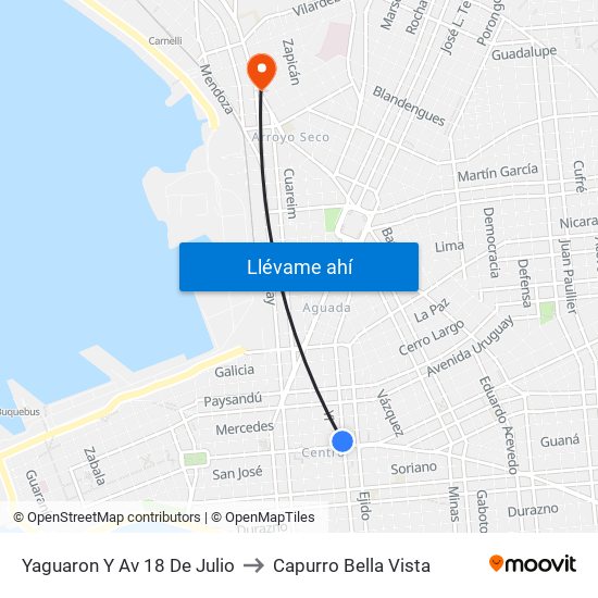 Yaguaron Y Av 18 De Julio to Capurro Bella Vista map
