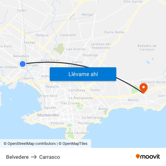 Belvedere to Carrasco map