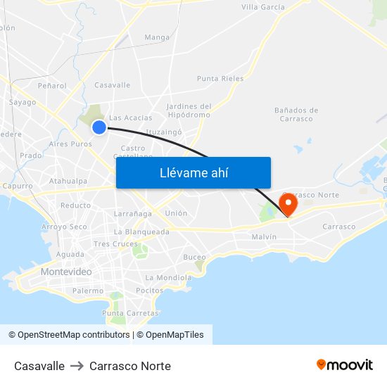 Casavalle to Carrasco Norte map