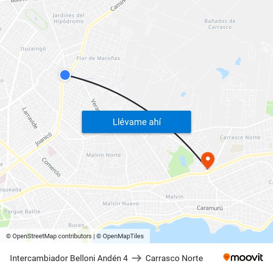 Intercambiador Belloni Andén 4 to Carrasco Norte map