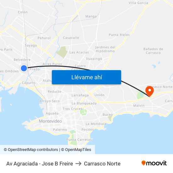 Av Agraciada - Jose B Freire to Carrasco Norte map