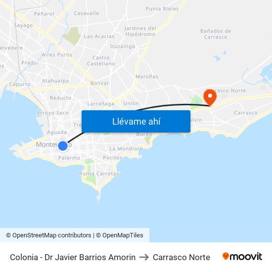 Colonia - Dr Javier Barrios Amorin to Carrasco Norte map