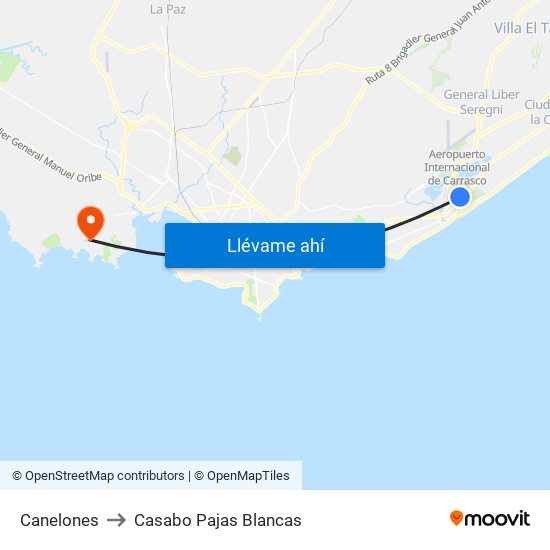 Canelones to Casabo Pajas Blancas map