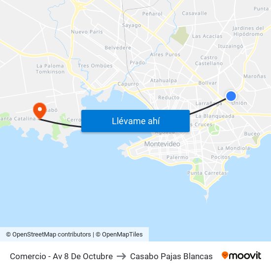Comercio - Av 8 De Octubre to Casabo Pajas Blancas map