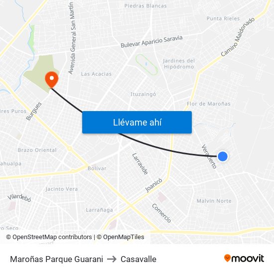 Maroñas Parque Guarani to Casavalle map